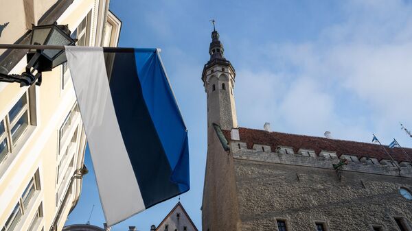 Флаг Эстонии около здания Таллинской ратуши