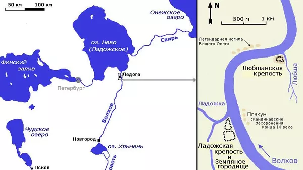 Карта взаимного расположения Любши и Ладоги на реке Волхов (справа) и географическое положение Ладоги на северо-западе России (слева)