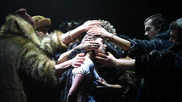 Alexandra Mileshina as the Witch in a performance based on the story of Nikolai Gogol Y at the Theatre.  MN Yermolova