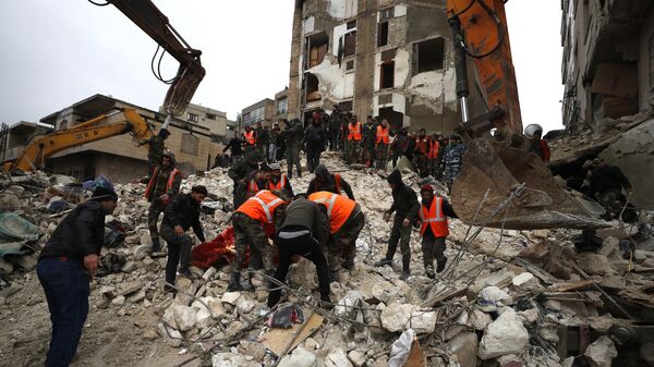 Разбор завалов после землетрясения в Хаме, Сирия