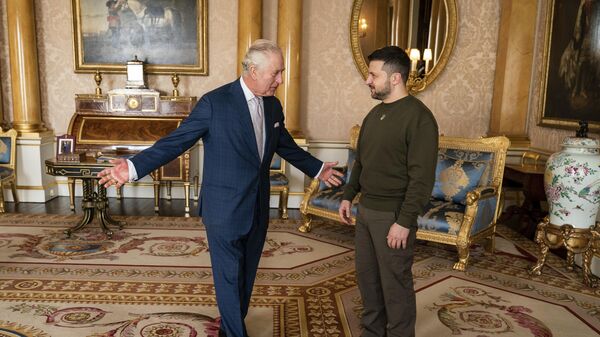  Британский король Карл III и президент Украины Владимир Зеленский во время встречи в Букингемском дворце