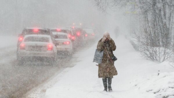 Женщина на улице во время снежного шторма в Выборгском районе Санкт-Петербурга