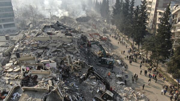 Аэрофотоснимок разрушенных зданий в Кахраманмараше, Турция