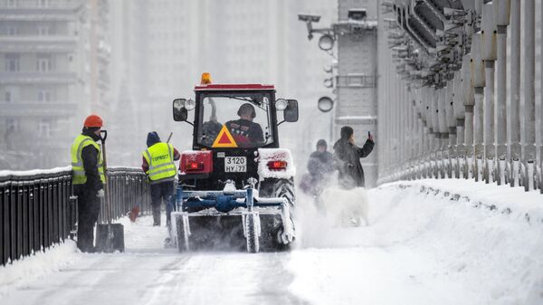Работники коммунальной службы убирают от снега пешеходную часть Крымского моста в Москве