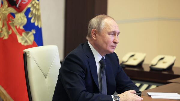 Президент России Владимир Путин в режиме видеосвязи принимает участие в мероприятии по случаю 30-летия ПАО Газпром. 17 февраля 2023