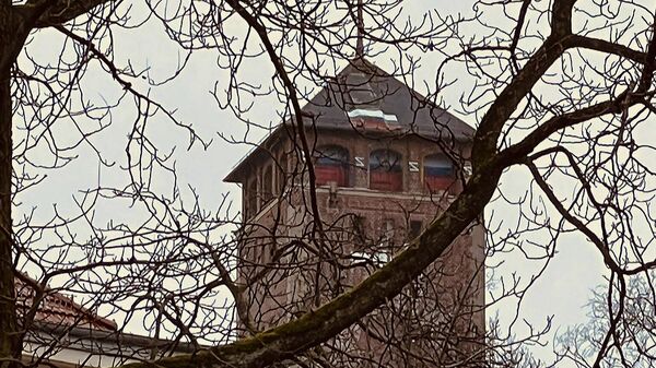 The Russian flag on the tower of the building where the Landtag previously met in the city of Potsdam, Germany