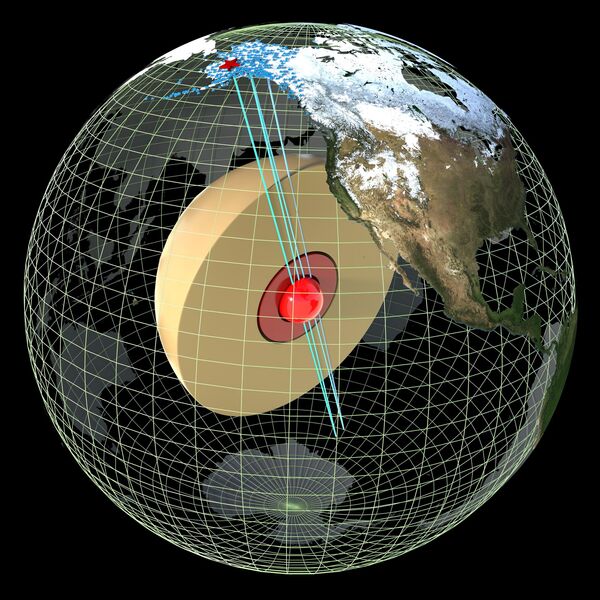 Οι γραμμές δείχνουν τα σεισμικά κύματα από τον σεισμό της Αλάσκας, τα οποία οι επιστήμονες χρησιμοποίησαν για να αναγνωρίσουν μια συμπαγή μεταλλική μπάλα στο κέντρο του εσωτερικού πυρήνα της Γης.