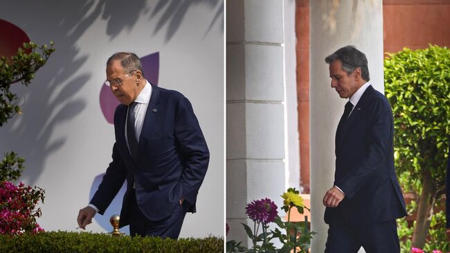 Совмещенное фото министра иностранных дел РФ Сергея Лаврова и госсекретаря США Энтони Блинкена во время встречи министров иностранных дел стран G20 в Дели