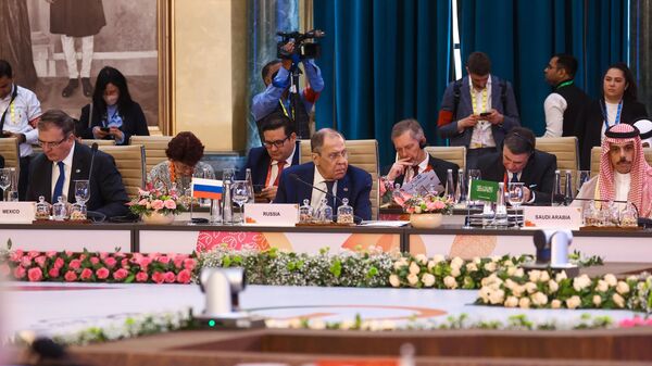 Министр иностранных дел РФ Сергей Лавров принимает участие в совещании глав МИД G20 в Культурном центре президентского дворца в Нью-Дели