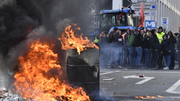 Фермеры жгут шины во время демонстрации в Брюсселе