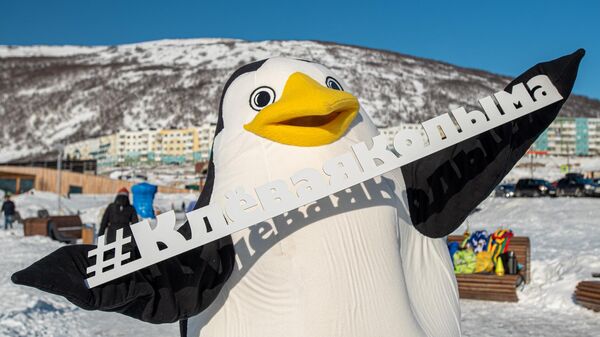 Участник фестиваля рыбалки на льду Клевая Колыма в костюме пингвина в Магадане