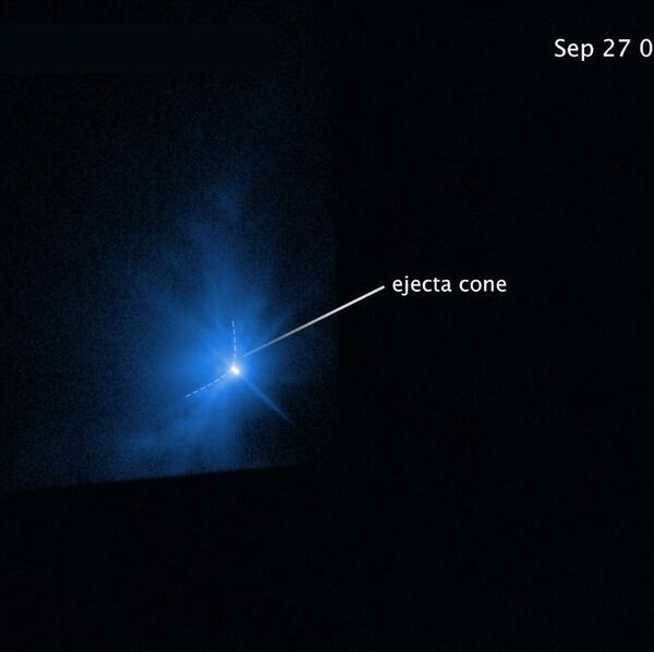 Три этапа эволюции шлейфа выбросов, образовавшегося после столкновения зонда DART с астероидом Диморф: 1) формирование конуса выброса 