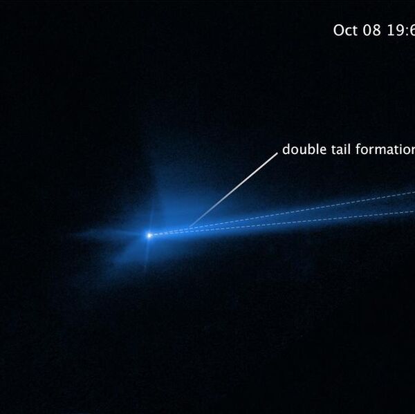 Три этапа эволюции шлейфа выбросов, образовавшегося после столкновения зонда DART с астероидом Диморф (3)