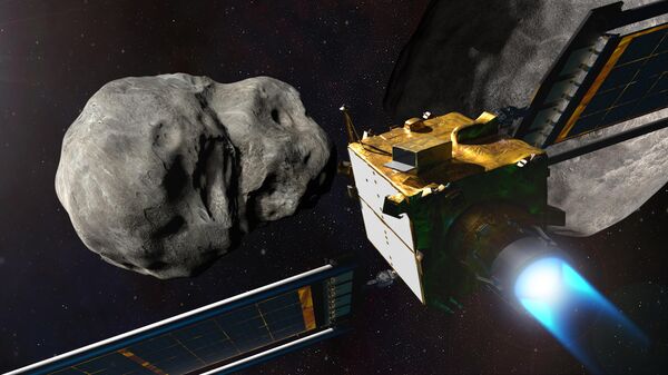 Художественное изображение космического корабля DART, подлетающего к астероиду Диморф