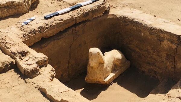 Статуя сфинкса, обнаруженная в марте 2023 в ходе археологических раскопок в провинции Кена в Египте