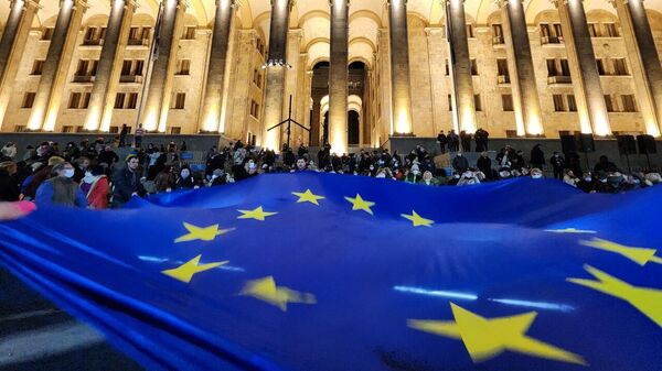 Участники акции протеста разворачивают флаг ЕС у здания парламента Грузии