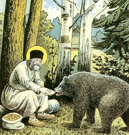 Серафим кормит медведя. Фрагмент литографии Путь в Саров, 1903 год - РИА Новости, 1920, 07.07.2025