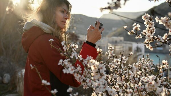 Девушка фотографирует миндаль на набережной Балаклавы в Крыму