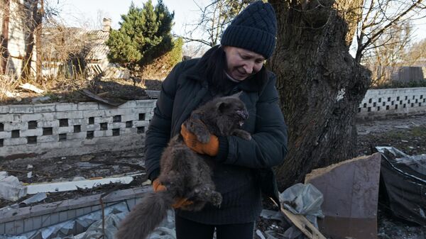 Женщина держит на руках кота, пострадавшего в результате обстрела Волновахи ДНР со стороны ВСУ