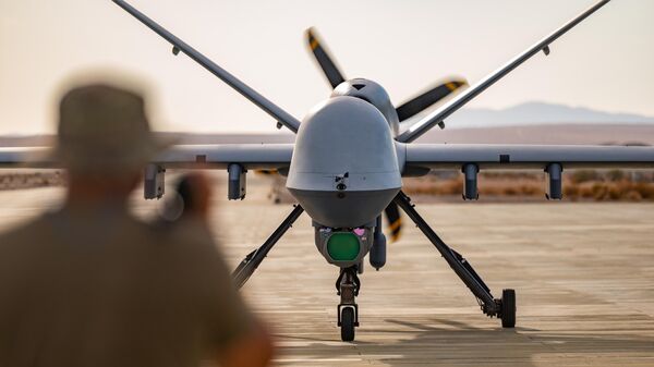 Беспилотный летательный аппарат MQ-9 Reaper на посадочной площадке в боевом центре морской пехоты в Калифорнии