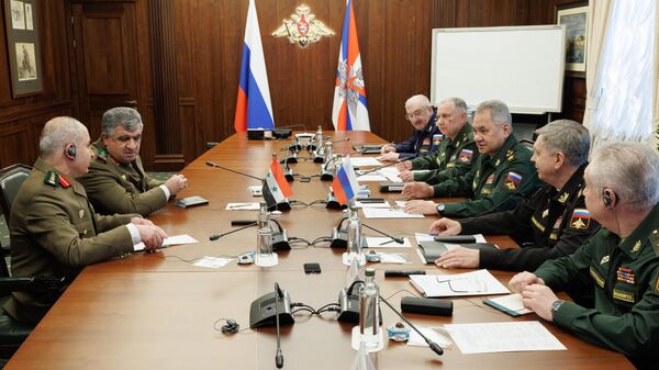 Министр обороны России Сергей Шойгу во время переговоров с министром обороны Сирии Али Махмудом Аббасом