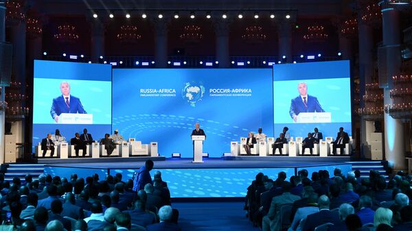Председатель Государственной Думы РФ Вячеслав Володин выступает на Международной парламентской конференции Россия-Африка в Москве