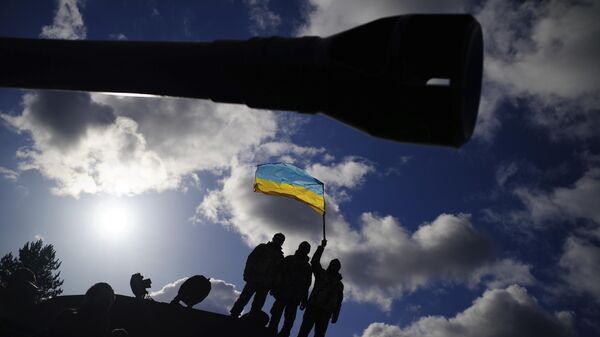 Украинские военнослужащие с флагом. Архивное фото