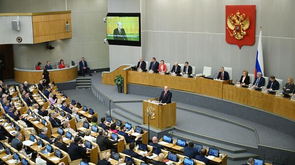 Председатель правительства России Михаил Мишустин выступает с ежегодным отчетом правительства в Государственной думе