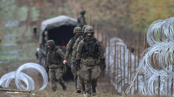 Польские солдаты строят заграждения из колючей проволоки на границе с Калининградской областью. Ноябрь 2022