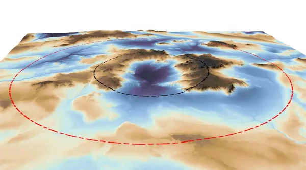 Кратер Жаманшин в Казахстане. 
Диаметр - 13 км (черная линия). Возможный диаметр по расчетам Джеймса Гарвина - 30 км (красная линия)