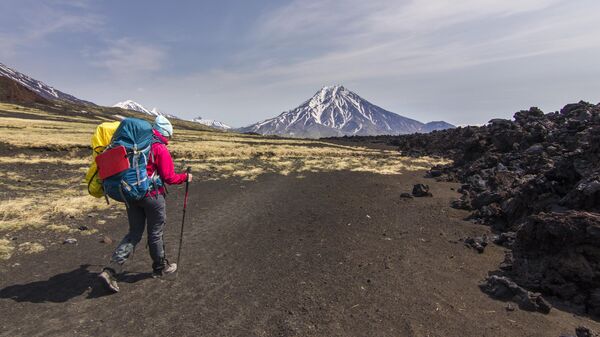 Турист идет к вулкану Ключевская сопка на Камчатке 
