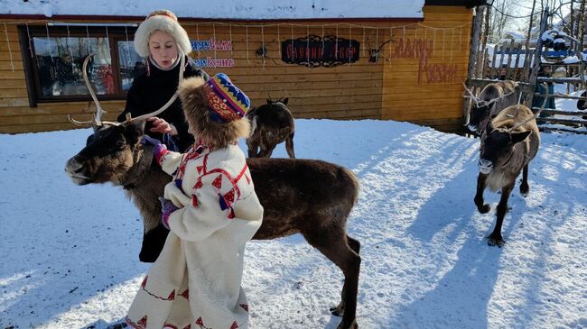 Полина Харыбина с дочкой Марьяной на Оленьем дворе, расположенном в родовой общине Лопарская