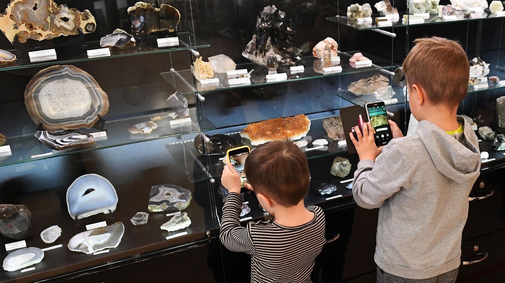 Юные посетители фотографируют экспонаты в Музее геологии Центральной Сибири GEOS в Красноярске. - РИА Новости, 1920, 02.04.2023