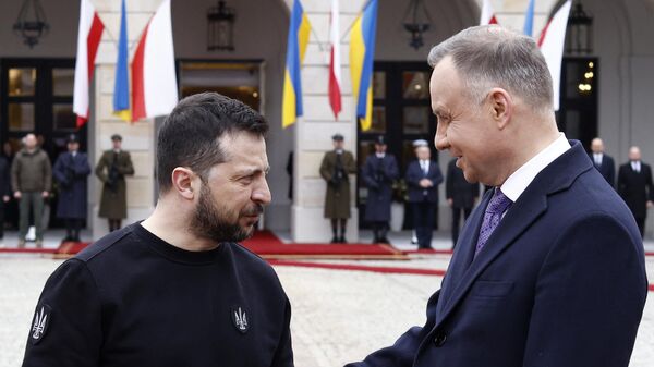 Президент Украины Владимир Зеленский и президент Польши Анджей Дуда во время встречи в Президентском дворце в Варшаве