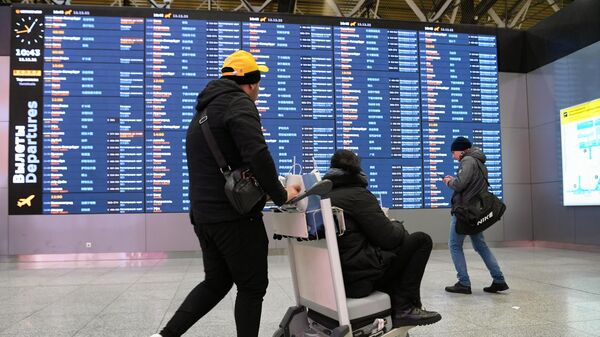 Пассажиры у табло вылета в международном аэропорту Шереметьево имени А. С. Пушкина