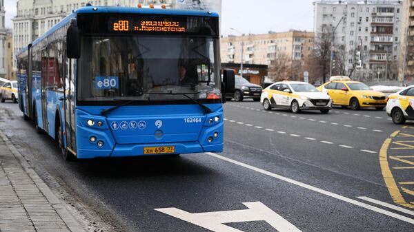 Автобус едет по выделенной полосе для городского наземного транспорта
