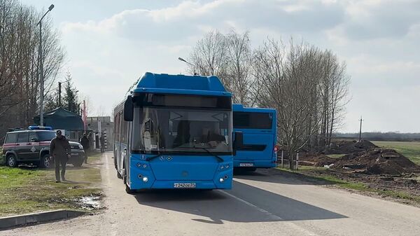 Автобусы с российскими военнослужащими, вернувшимися из плена с подконтрольной Киеву территории