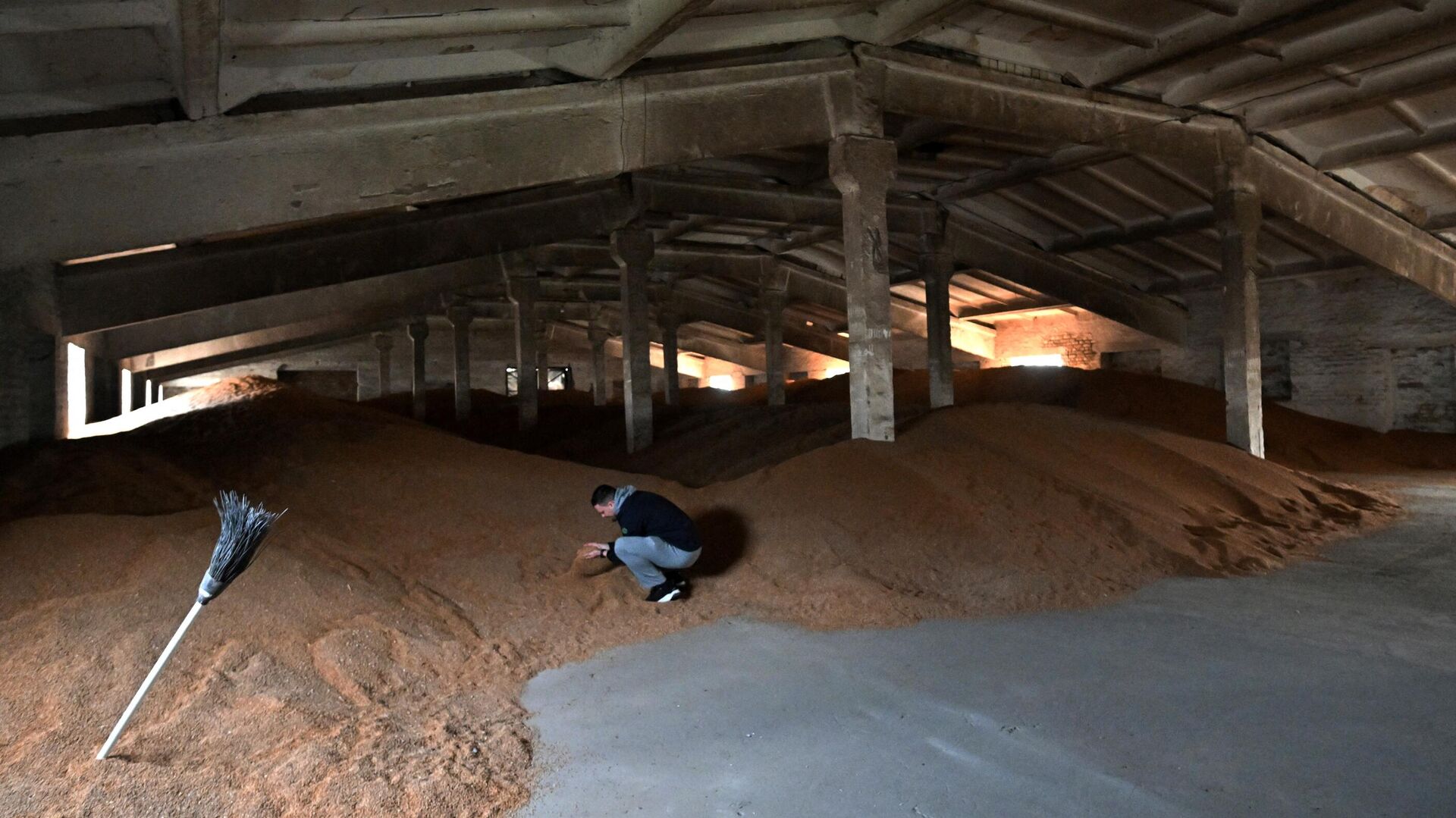 Мужчина осматривает непроданное зерно на складе своего хозяйства в Киевской области - РИА Новости, 1920, 21.04.2023