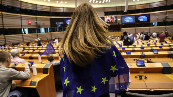 Посетительница с флагом ЕС в Европейском парламенте в Брюсселе во время дня открытых дверей