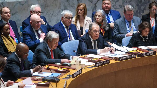 Министр иностранных дел РФ Сергей Лавров на заседании Совета Безопасности ООН в Нью-Йорке