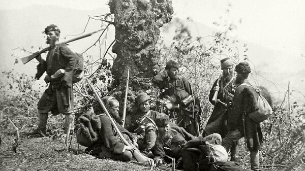 Русско-турецкая война. Охотники 1-го Пластунского батальона, уничтожившие передовой Турецкий пикет из 16 человек у реки Кинтиш. 1877 год 
