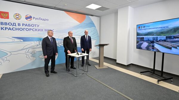 Председатель правительства РФ Михаил Мишустин на церемонии запуска Красногорских МГЭС в режиме видеоконференции. 28 апреля 2023