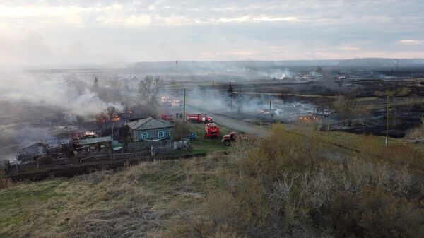 Сотрудники противопожарной службы МЧС РФ на месте пожара в деревне Корнилово Варгашинского района Курганской области