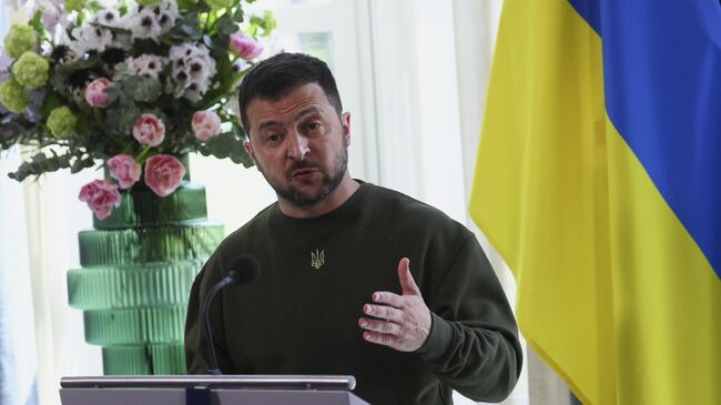 Президент Украины Владимир Зеленский во время пресс-конференции в Гааге, Нидерланды