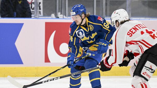 Хоккеист сборной Швеции Джонатан Пудас (слева) и хоккеист сборной Швейцарии Свен Зентелер
