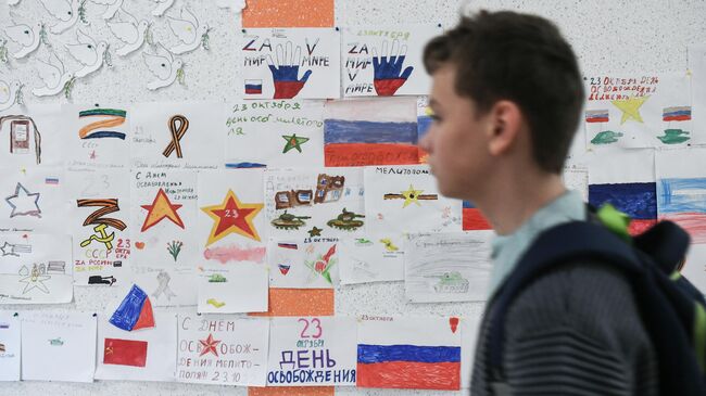 Учащийся во время перемены в холле гимназии № 19 в Мелитополе