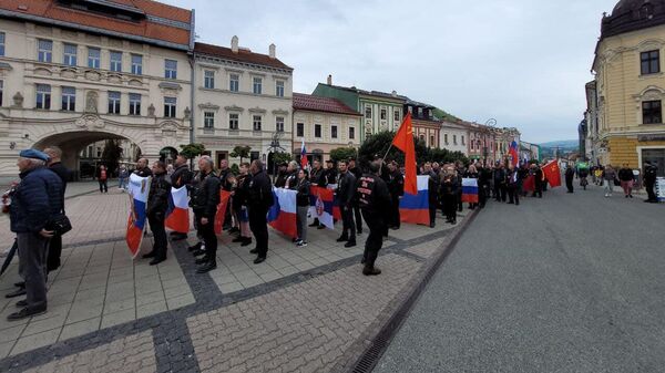 Участники мотопробега ко Дню Победы над фашизмом в городе Банска-Бистрица, Словакия