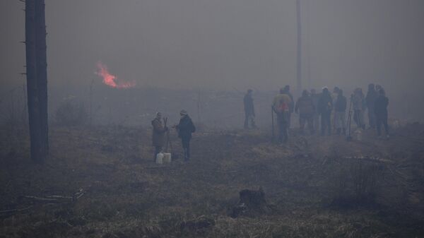 Люди во время тушения пожара в лесном массиве Свердловской области