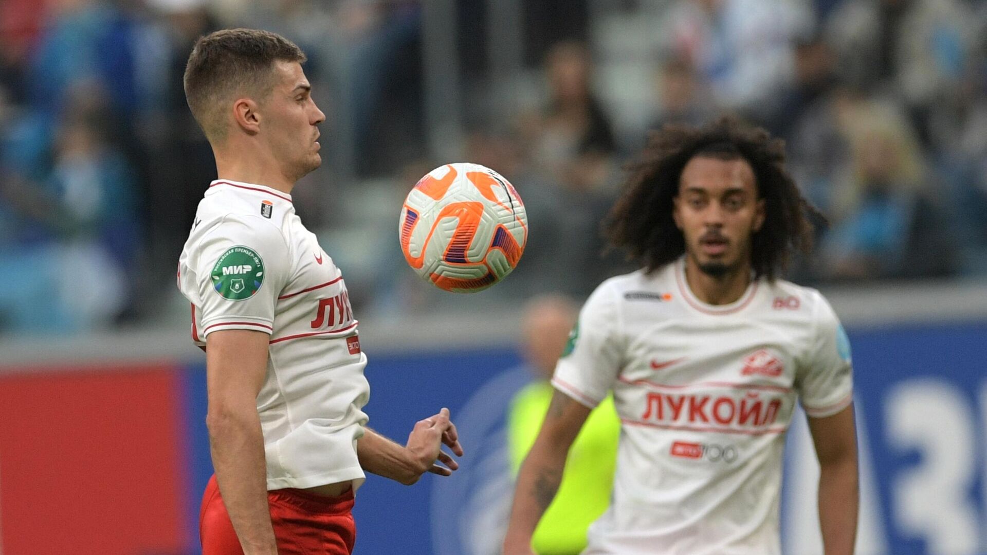 Spartak players Roman Zobnin (left) and Tomas Tavares in the match of the 26th round of the Russian Football Championship between FC Zenit (St. Petersburg) and FC Spartak (Moscow) between the clubs of the 2022/2023 Premier League season.  -RIA Novosti, 1920, 05/07/2023
