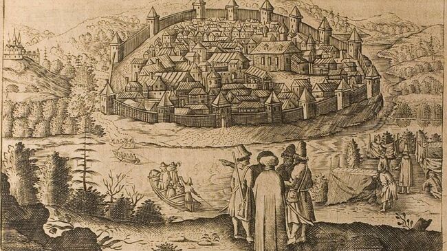 Вид Твери, гравюра из книги Адама Олеария Путешествие в Московию, 1639 год